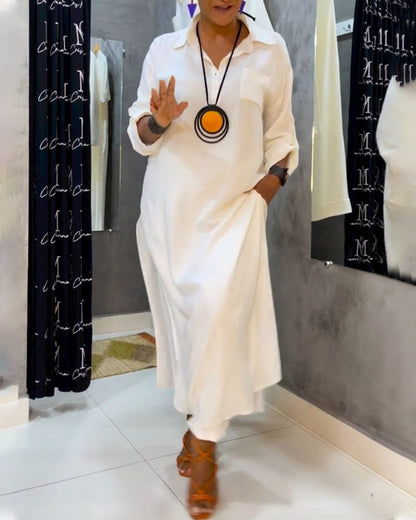 Einfarbiges Revers-Taschenkleid