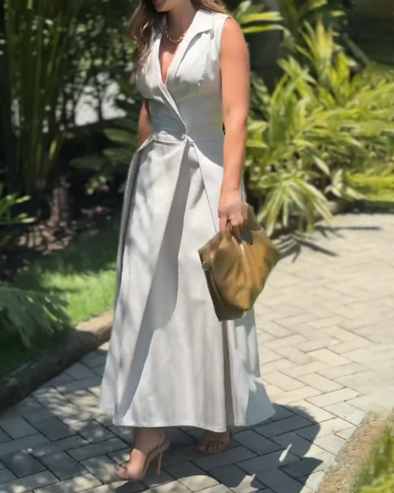 Ärmelloses Revers elegantes einfarbiges Kleid