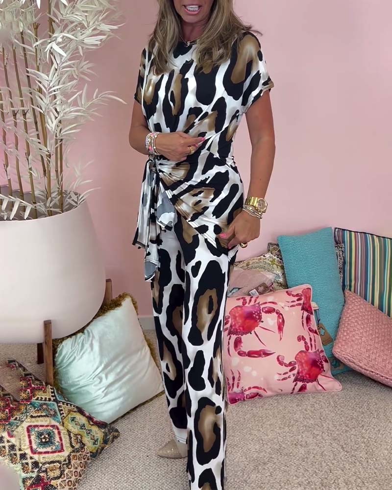 Leopard-Print Schnürung lässiges Zweiteiler-Set