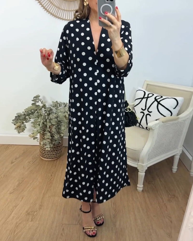 V-Ausschnitt lockeres Polka-Dot Kleid