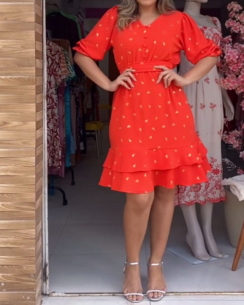 Lässiges Kurzarm V-Ausschnitt Bedrucktes Kleid