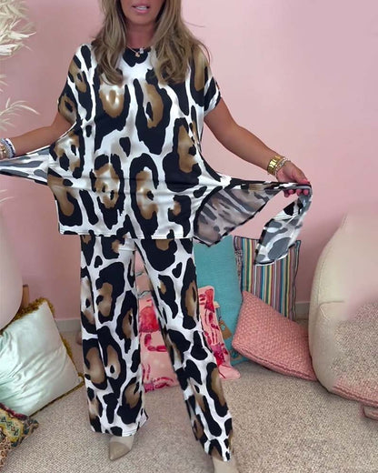 Leopard-Print Schnürung lässiges Zweiteiler-Set
