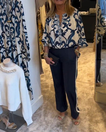 Retro-Muster Druck Laternenärmel Bluse