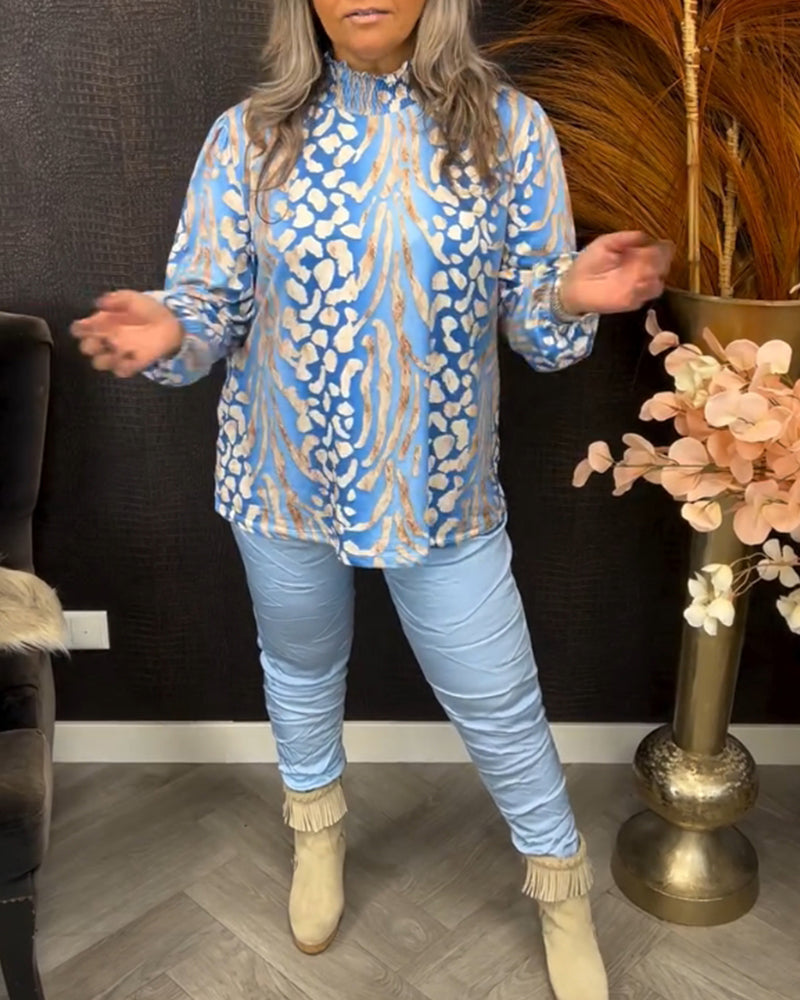 Stehkragen Langarm bedrucktes Oberteil