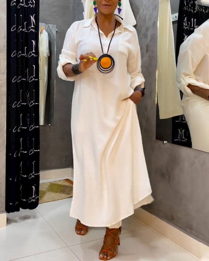 Einfarbiges Revers-Taschenkleid