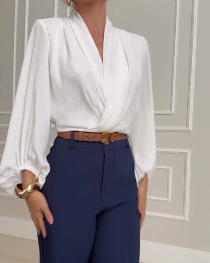 Mode unifarbene V-Ausschnitt Laternenärmel Bluse