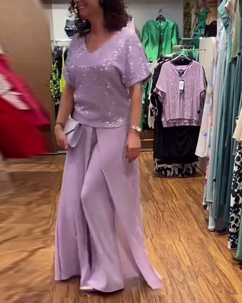 V-Ausschnitt kurzärmlige lockere Paillettenbluse