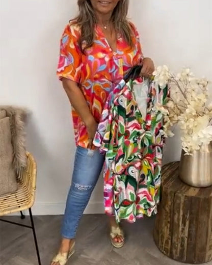 Buntes V-Ausschnitt T-Shirt mit kurzen Ärmeln