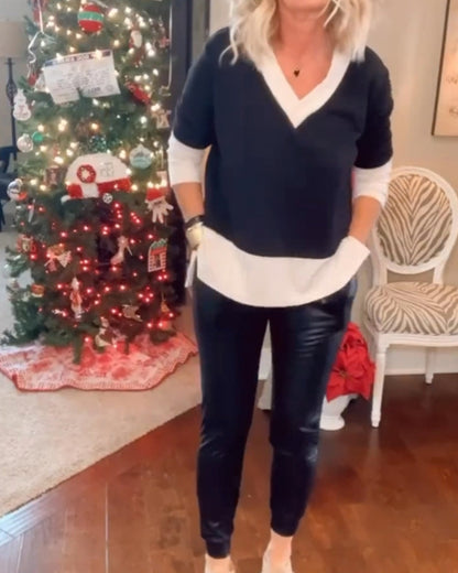 Farbenblock V-Ausschnitt lässiges Oberteil