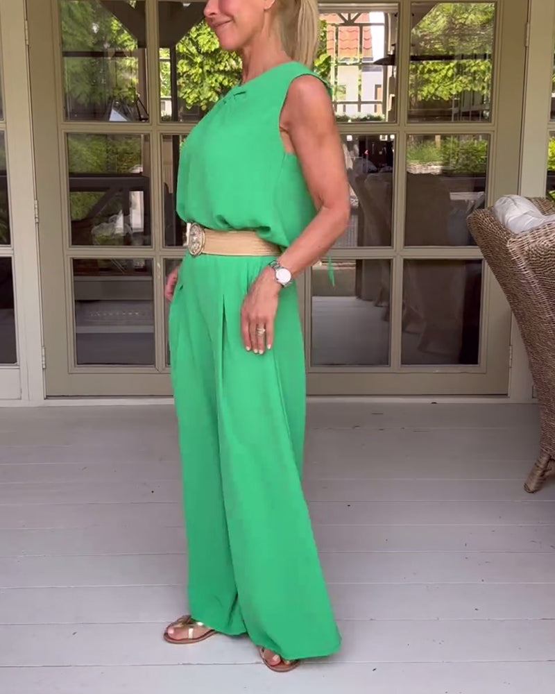 Einfarbiges ärmelloses, hohles Tanktop mit weitem Bein Hosen Set